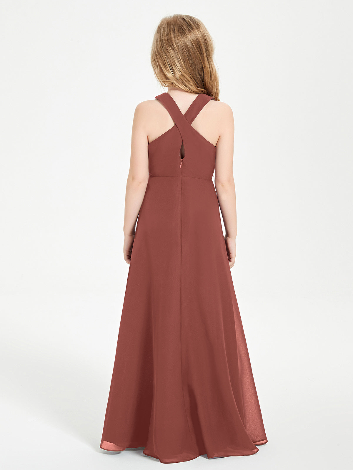 Grecian Neckline Long Dresses for Junior Bridesmaids Terracotta